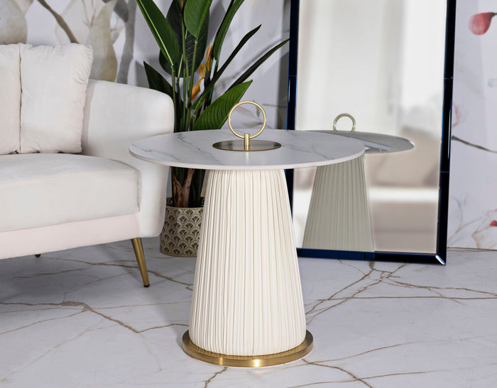 Salontafel in crème leer met marmeren blad cm ø 60x54