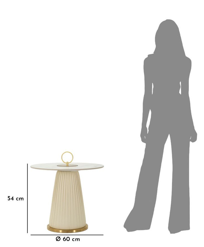 Salontafel in crème leer met marmeren blad cm ø 60x54