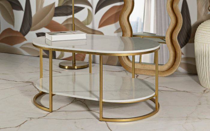 Salontafel in goudkleurig metaal en marmer cm 90x60x45