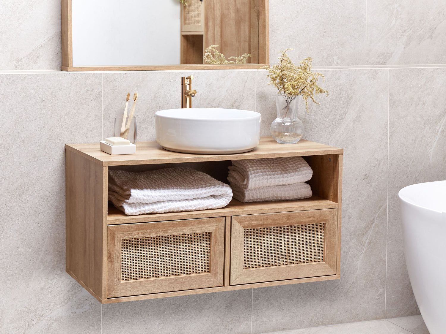 Beliani-ROSELL-Hangende wastafelkast-Lichthout-86 x 45 cm-Vezelplaat