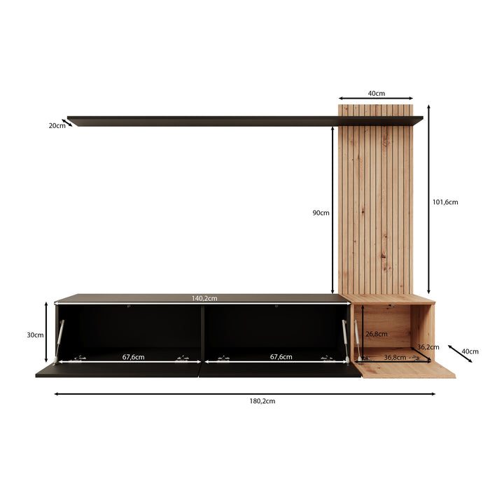 Meubella - Wandmeubel Segundo - Zwart - 180 cm
