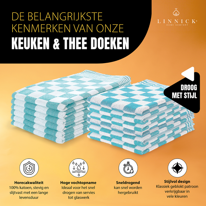 LINNICK Theedoeken & Keukendoeken Set Blok - ice blue - set van 12
