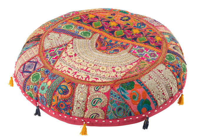 J-Line poef rond plat patronen + kwasten - katoen - roze