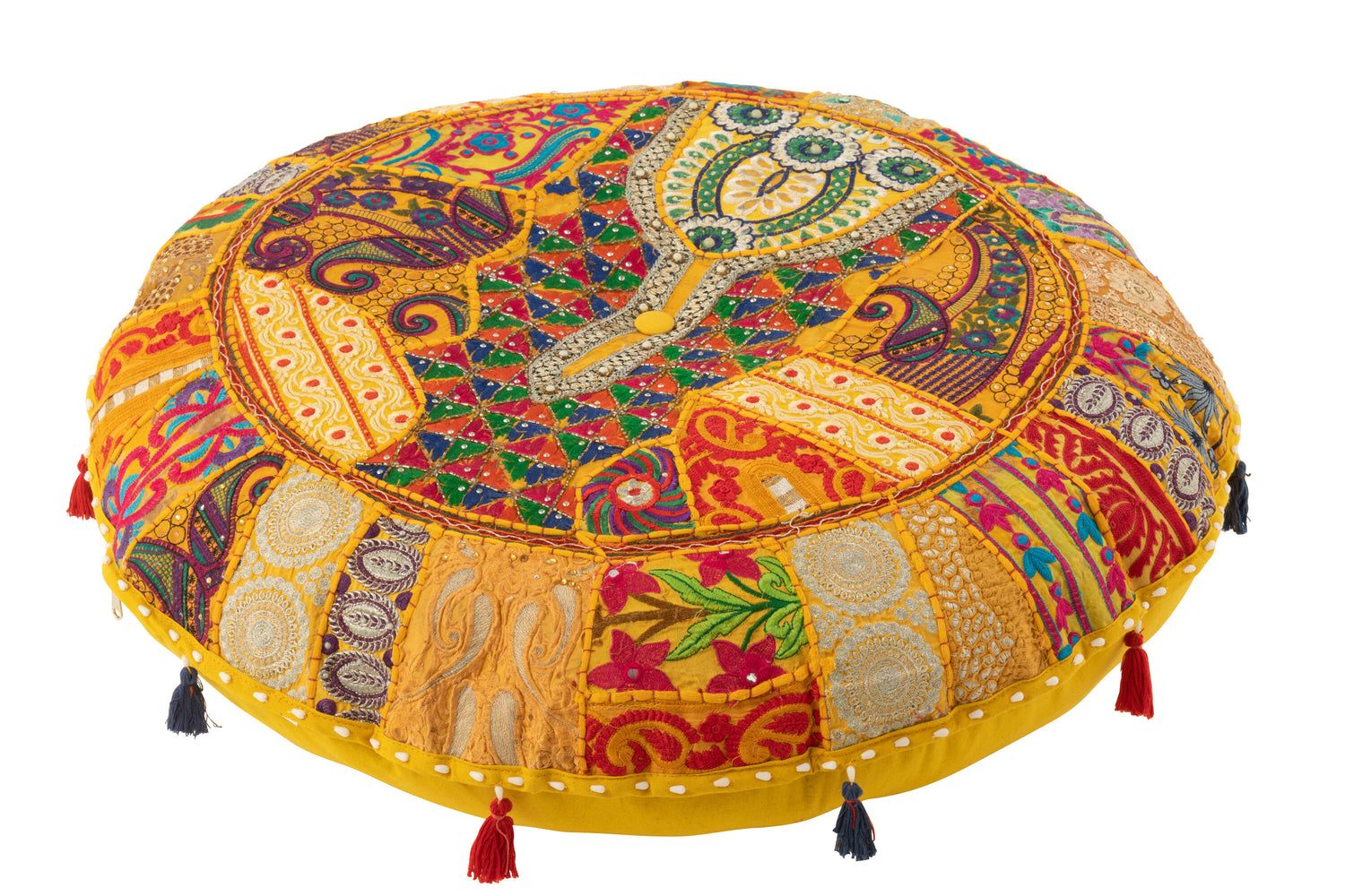 J-Line poef rond plat patronen + kwasten - katoen - geel