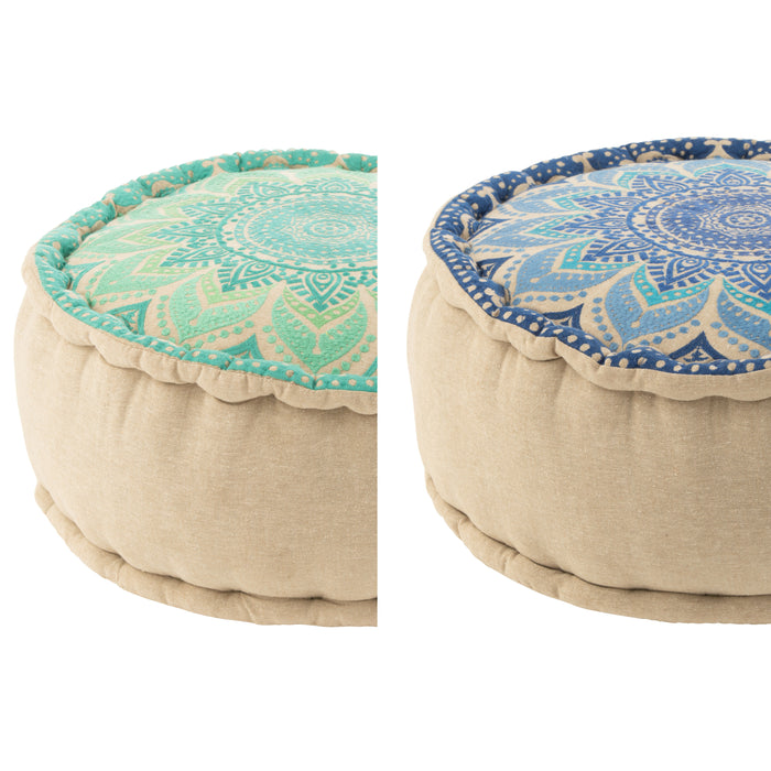 J-Line poef Rond Bloem - katoen - turquoise|blauw - 2 stuks