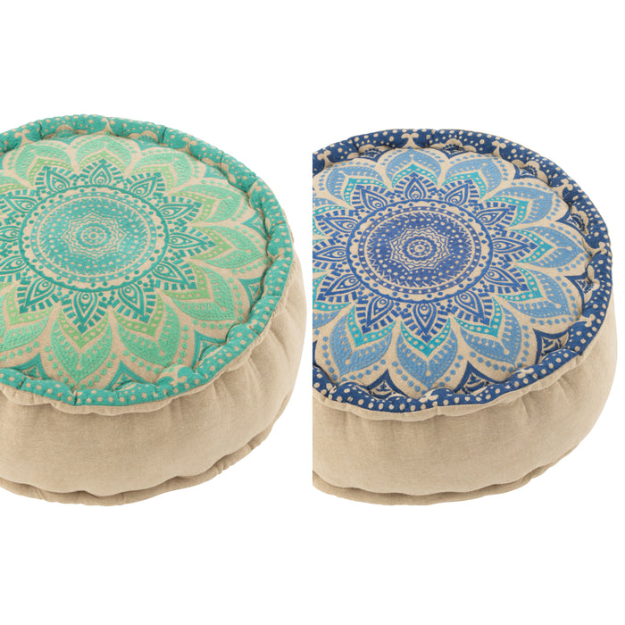 J-Line poef Rond Bloem - katoen - turquoise|blauw - 2 stuks