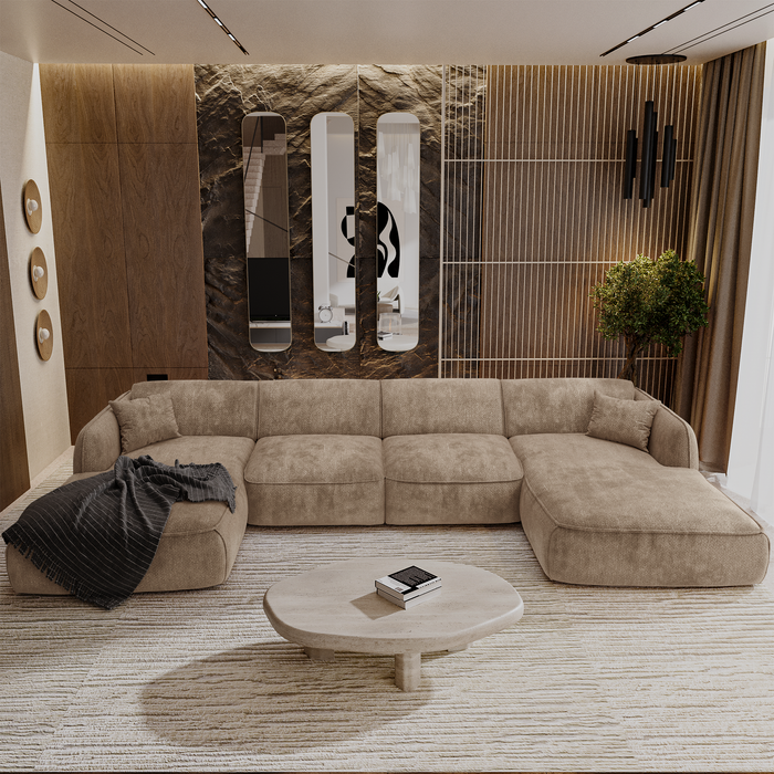 Panoramische 7-zitsbank in taupekleurig geweven fluweel