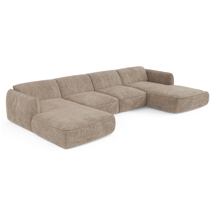 Panoramische 7-zitsbank in taupekleurig geweven fluweel