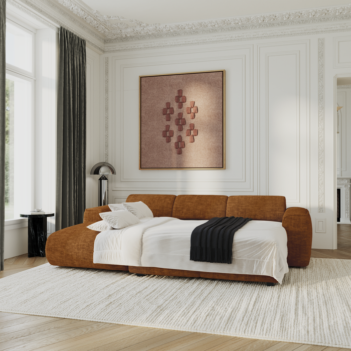 Slaapbank, linkerhoek, 5-zits, bruin structuurfluweel