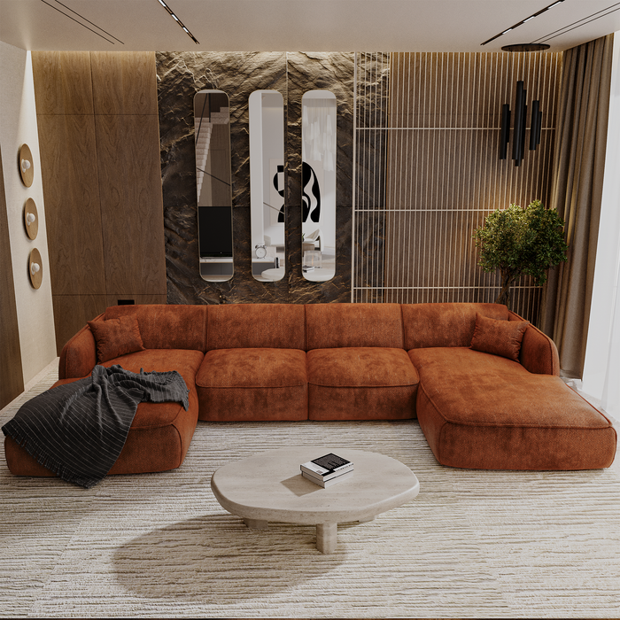 Panoramabank voor 7 personen in terracotta geweven fluweel