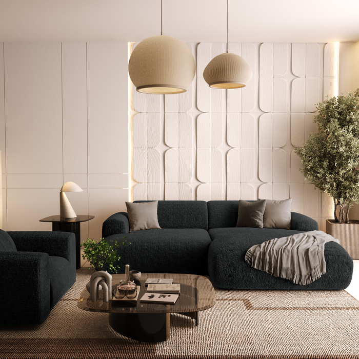 Rechterhoekbank, 4-zits, zwart fluweel met patroon, 266 cm