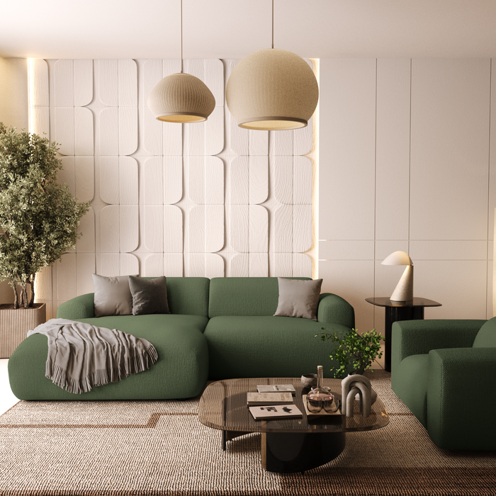 Hoekbank links, 4 zitplaatsen, olijfgroene geweven stof, 266 cm