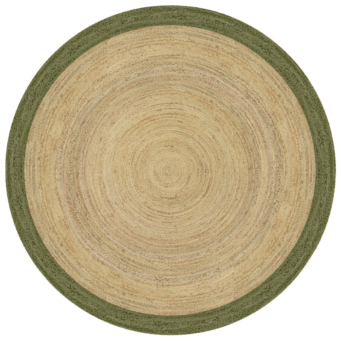 Mrcarpet Rond jute vloerkleed naturel|Groen met rand 240cm