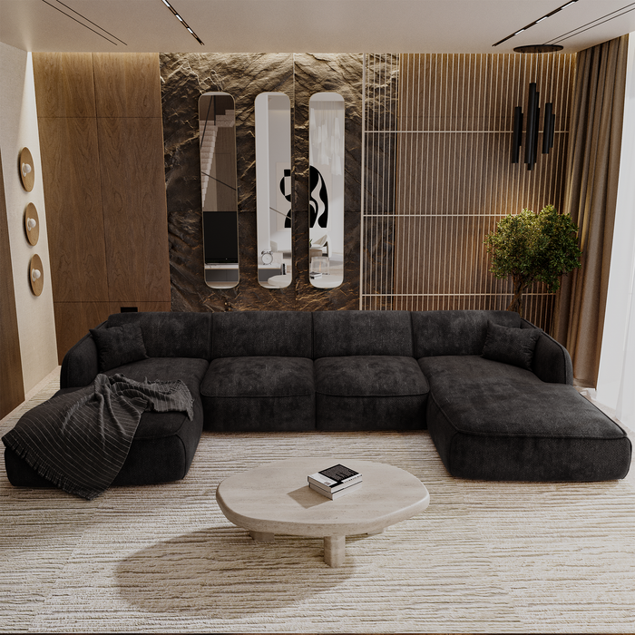 Panoramische 7-zitsbank in zwart geweven fluweel