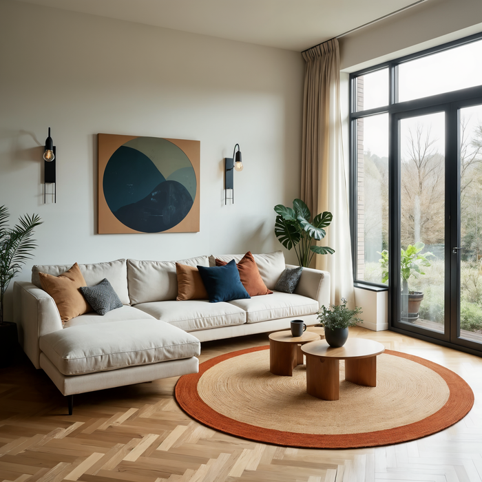 Mrcarpet Rond jute vloerkleed naturel|roest|bruin met rand 160cm