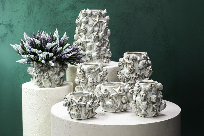 PTMD Prince Cream Ceramic Pot 3D Seashells Round High L