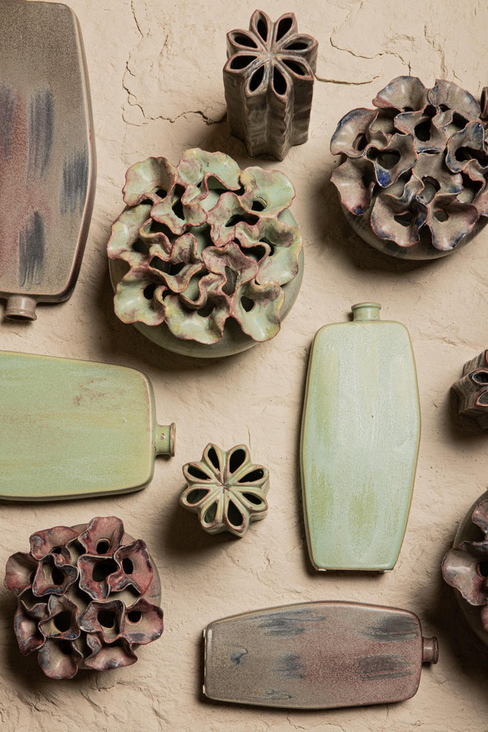 PTMD Jullia Green Ceramic Vase Flower Shaped Holes S