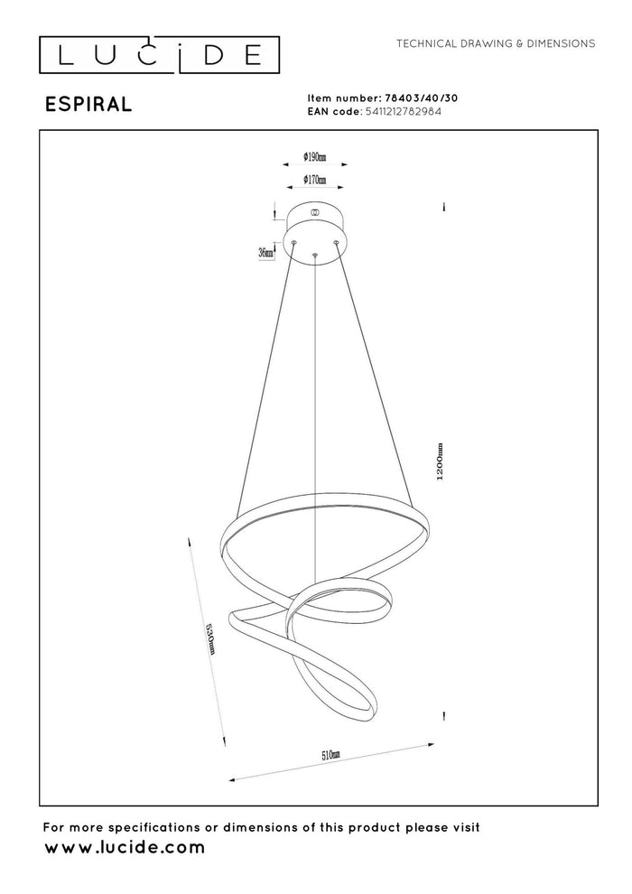 Lucide ESPIRAL Hanglamp - Zwart