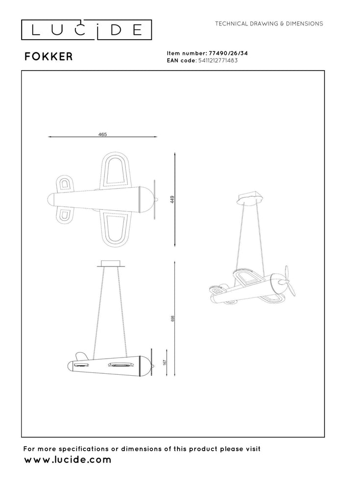 Lucide FOKKER Hanglamp - Geel