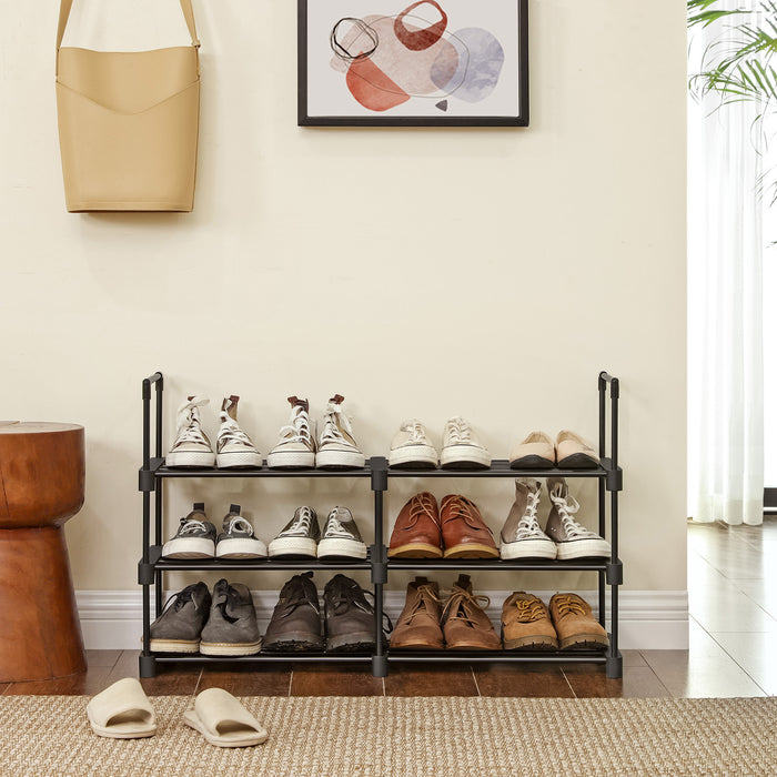 Schoenenrek bestaande uit 6 Vakken - Schoenenopberger - metalen Opbergrek, voor 12 tot 15 paar Schoenen - stapelbaar Schoenenrek - voor Hal, Woonkamer, Slaapkamer - 30 x 45 x 106 cm - Zwart