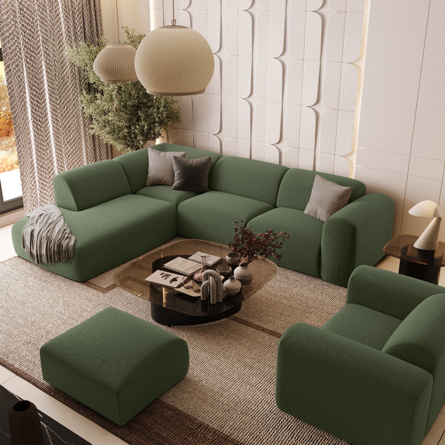 5-zits hoekbank breed links in olijfgroene geweven stof