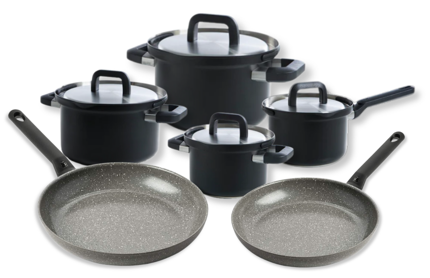 BK Pannenset Flow Cool Zwart RVS + BK Koekenpannenset Granite Aluminium - 6 Delig