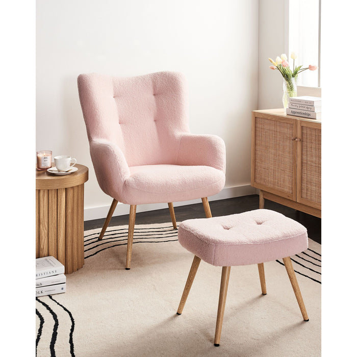 Beliani - VEJLE II - Fauteuil met hocker - Pastelroze - Bouclé