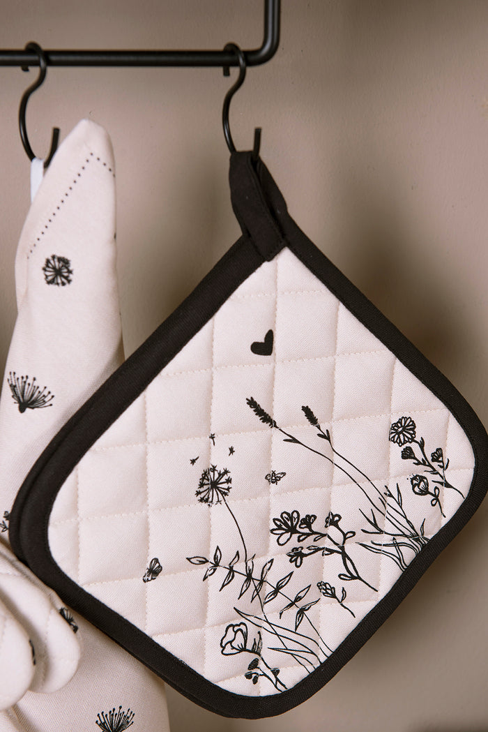 Clayre & Eef Pannenlap 20x20 cm Beige Zwart Katoen Bloemen