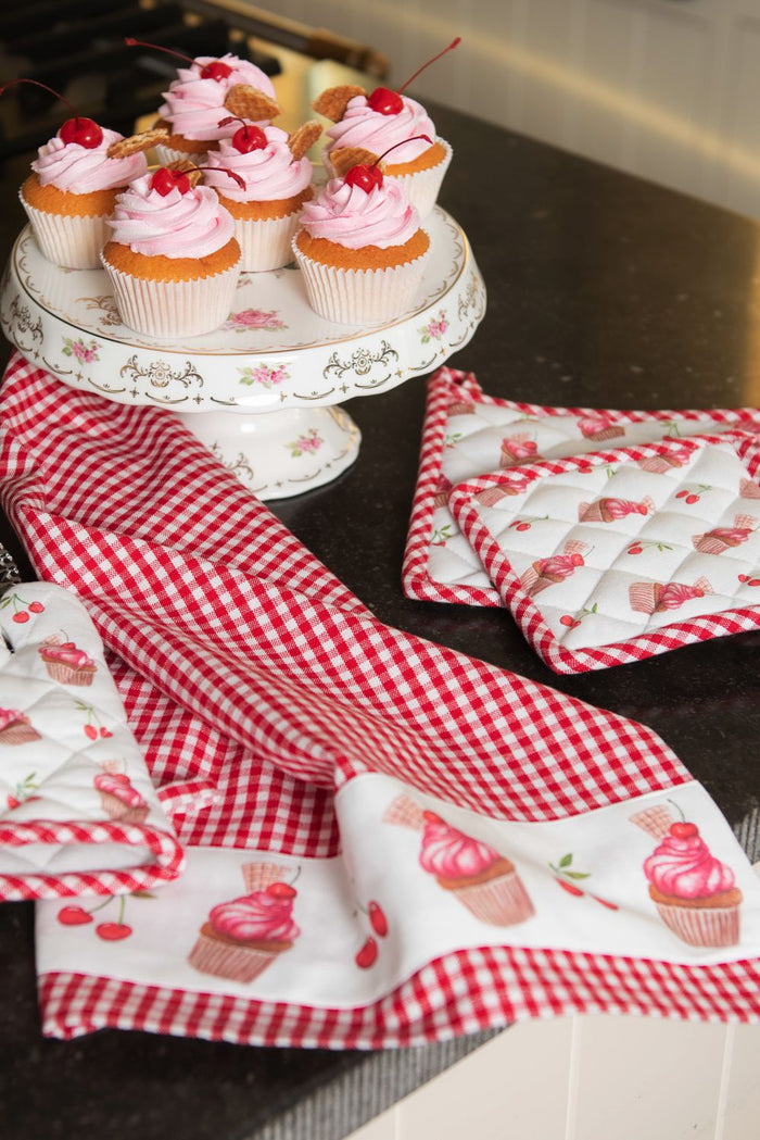 Clayre & Eef Pannenlap 20x20 cm Rood Wit Katoen Cupcakes