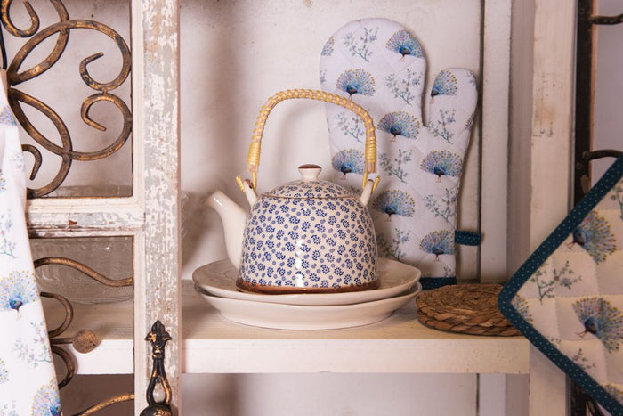 Clayre & Eef Theepot met Filter 700 ml Blauw Keramiek Bloemen