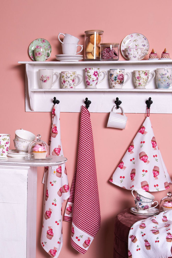 Clayre & Eef Theedoek 50x70 cm Rood Wit Katoen Cupcakes
