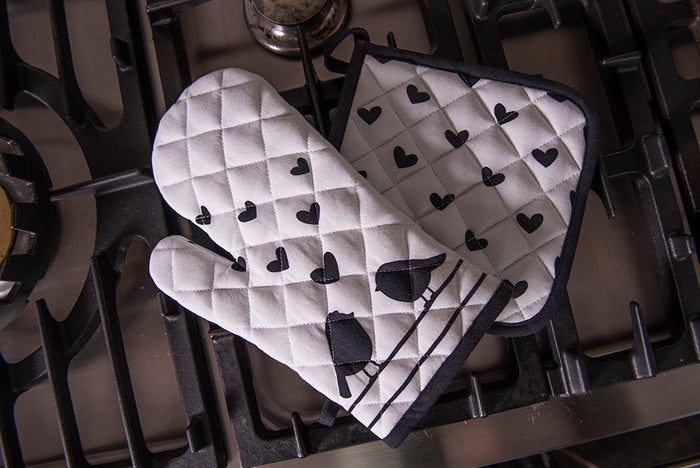 Clayre & Eef Ovenwant 18x30 cm Wit Zwart Katoen Harten Vogels