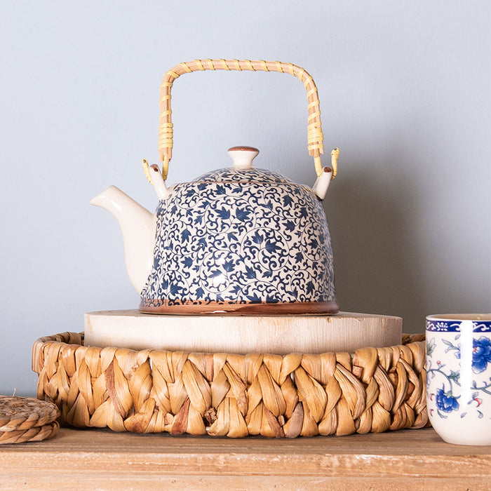 Clayre & Eef Theepot met Filter 700 ml Blauw Keramiek Bloemen