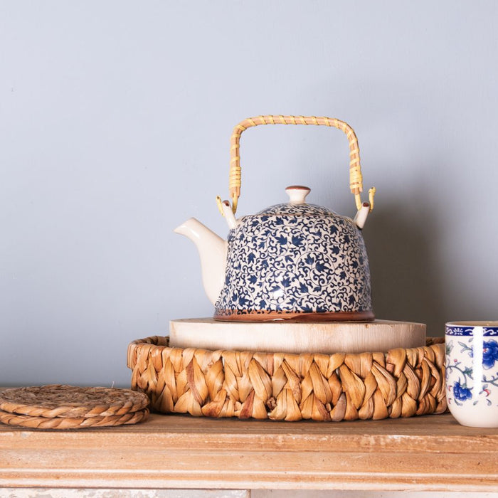 Clayre & Eef Theepot met Filter 700 ml Blauw Keramiek Bloemen