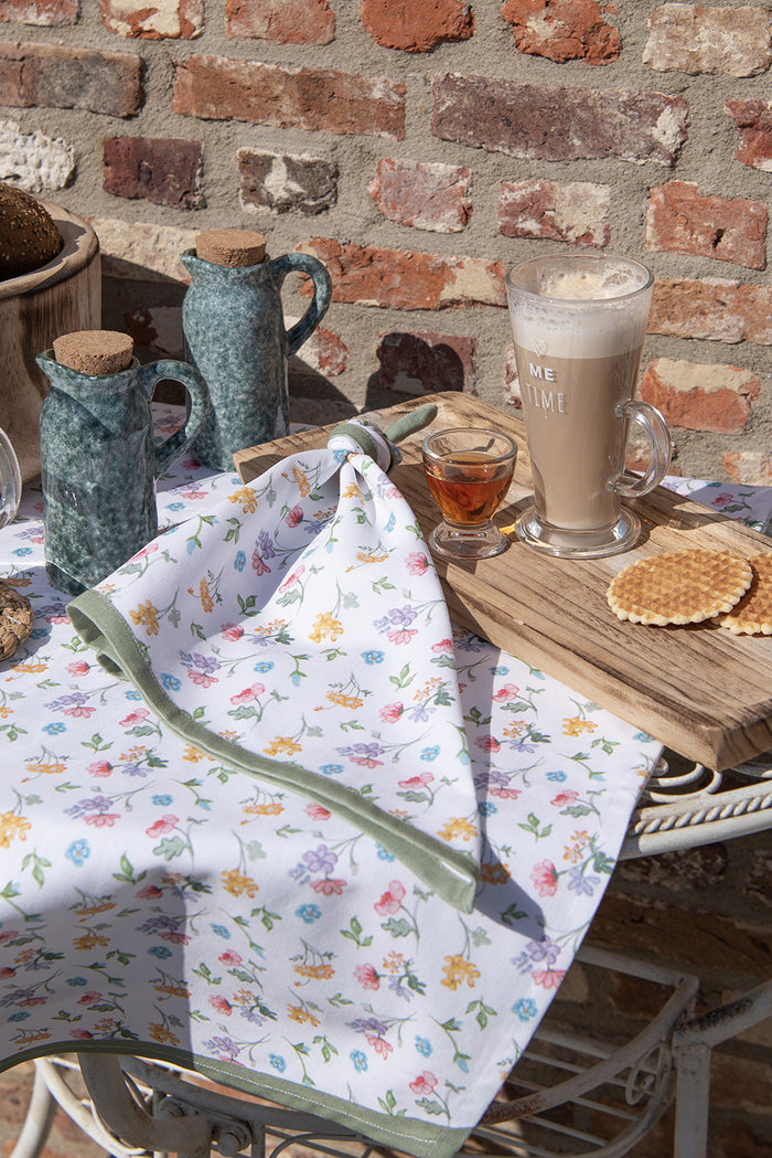 Clayre & Eef Tafelloper 50x140 cm Wit Katoen Bloemen