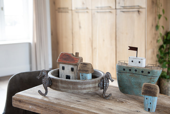 Clayre & Eef Decoratie Beeld Huis 10 cm Blauw Bruin Hout