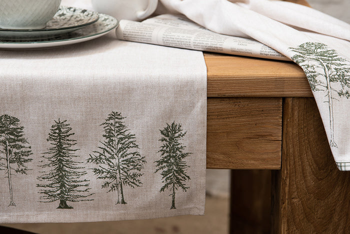Clayre & Eef Tafelloper 50x140 cm Beige Groen Katoen Dennenbomen