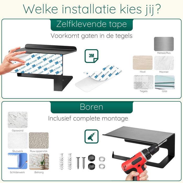 XIVADA WC Rolhouder Zeus - Met plankje - Inclusief schroefset - Zwart