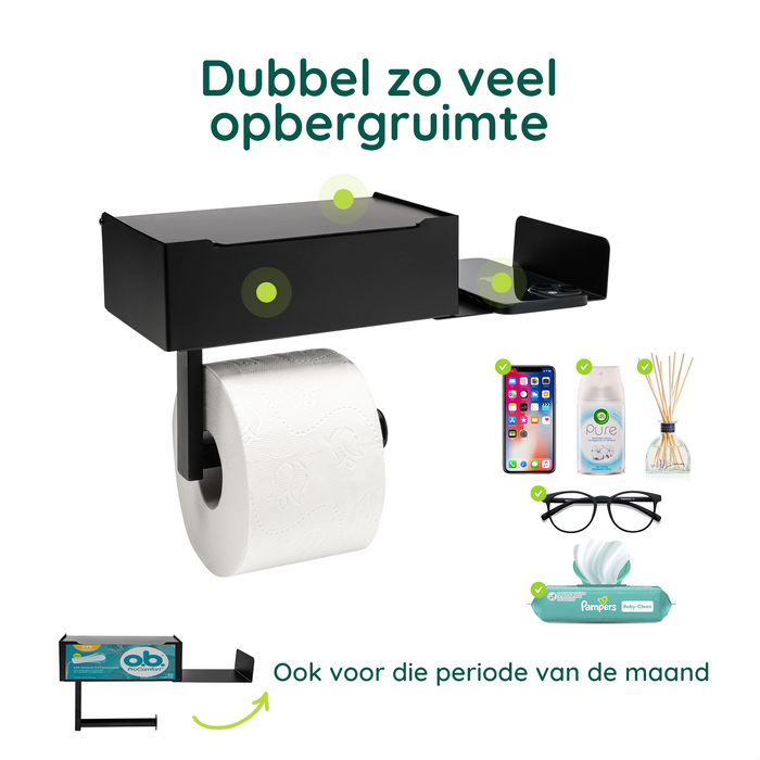 XIVADA Toiletrolhouder - Met plankje - Met opbergbakje - Rvs - Zwart