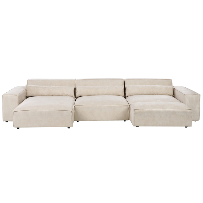 Beliani-HELLNAR-Hoekbank 3-zits met ottomaan-Beige-Rechts-Fluweel