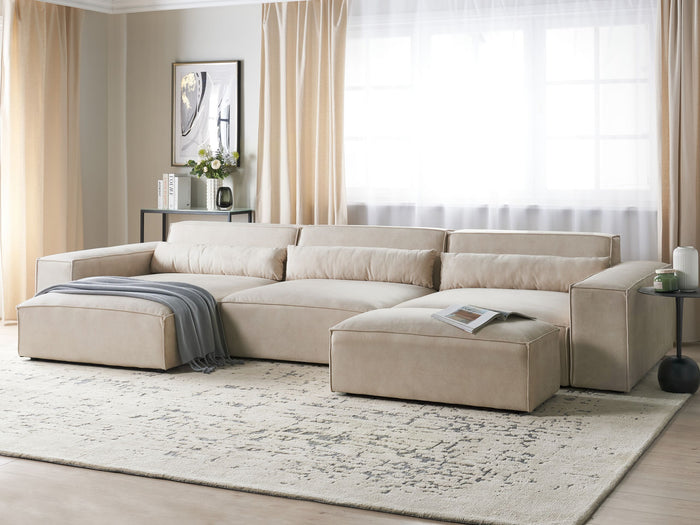 Beliani-HELLNAR-Hoekbank 3-zits met ottomaan-Beige-Rechts-Fluweel