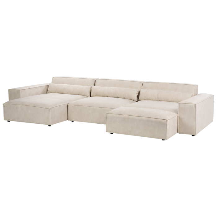 Beliani-HELLNAR-Hoekbank 3-zits met ottomaan-Beige-Rechts-Fluweel