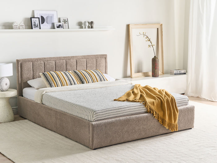Beliani-MONTLAUR-Bed met opbergruimte-Taupe-160 x 200 cm-Bouclé