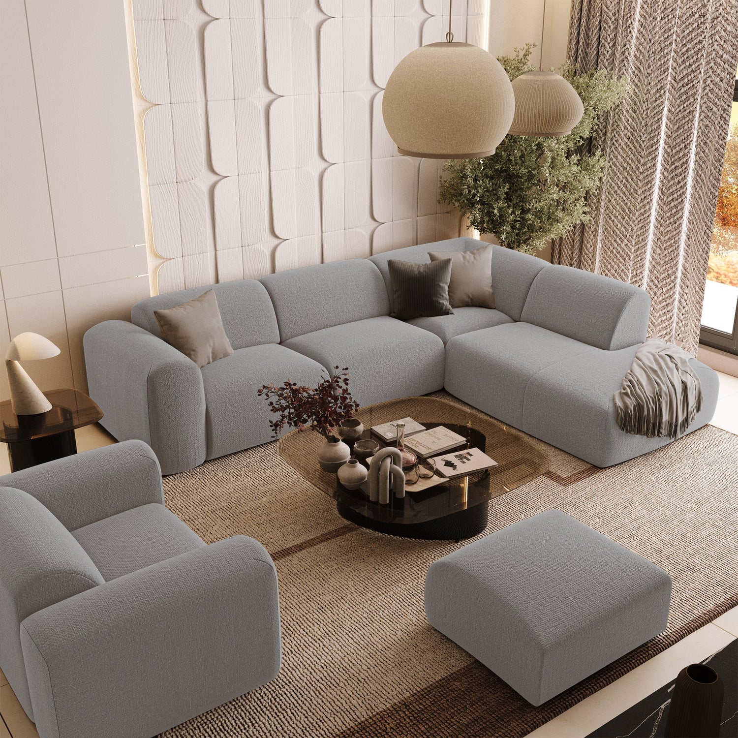 Grote hoekbank rechts, 5 zitplaatsen, lichtgrijze geweven stof