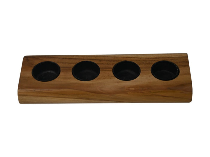 Waxinelichthouder 4 lichts - 10x30x4 - Natural|zwart - Teak