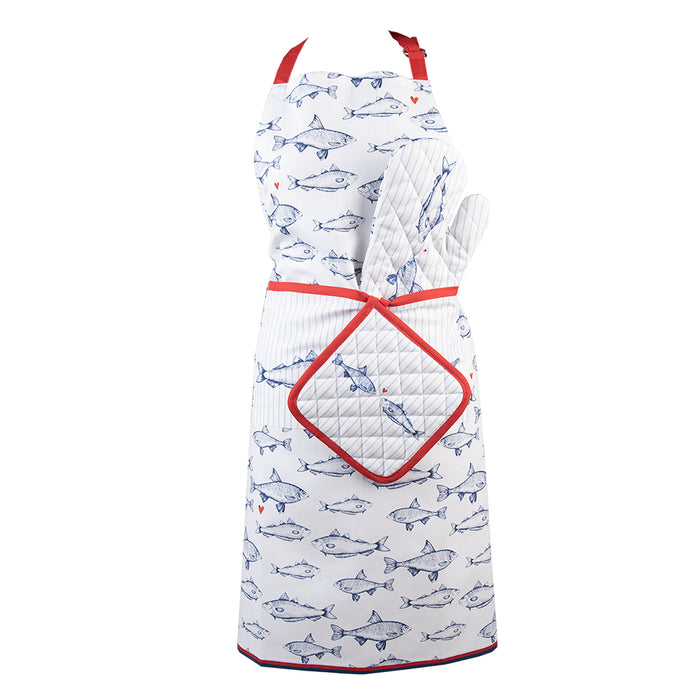 Clayre & Eef Keukenschort 70x85 cm Wit Blauw Katoen Vissen