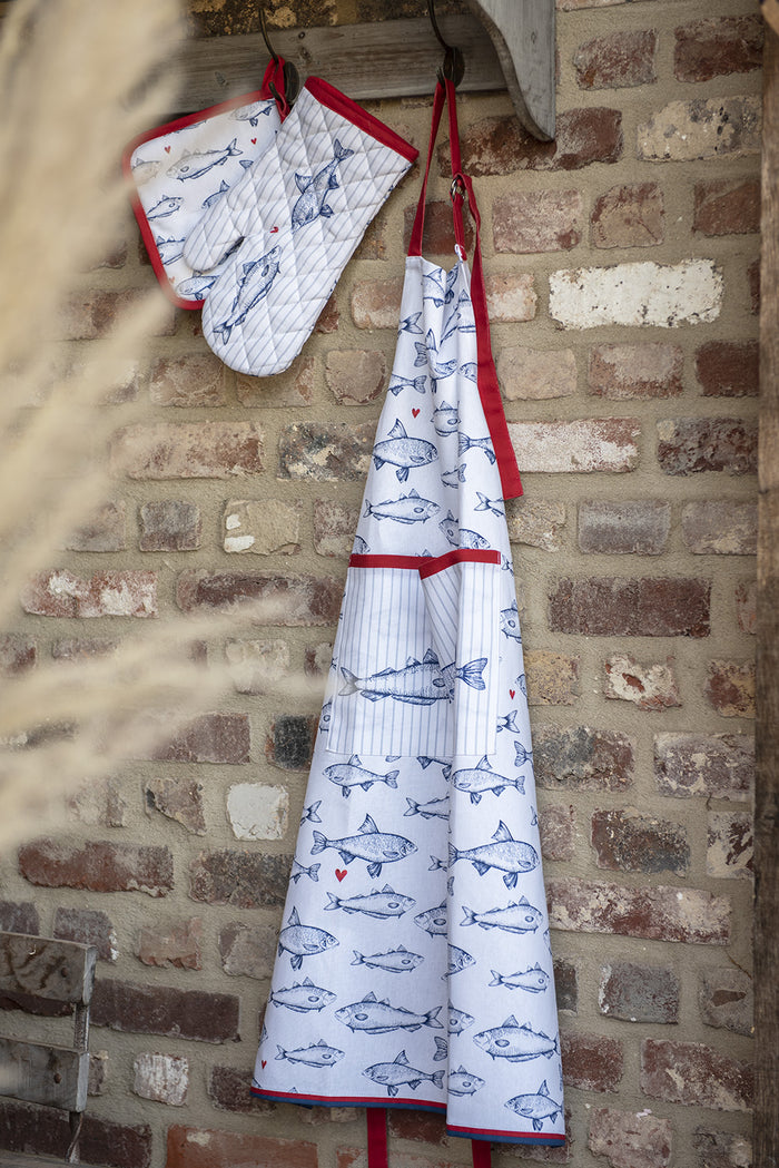 Clayre & Eef Keukenschort 70x85 cm Wit Blauw Katoen Vissen