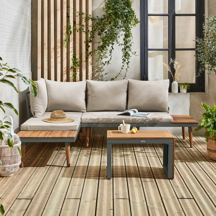 sweeek - Modulaire tuinset in aluminium en acacia, 4 zitplaatsen