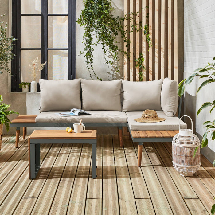 sweeek - Modulaire tuinset in aluminium en acacia, 4 zitplaatsen