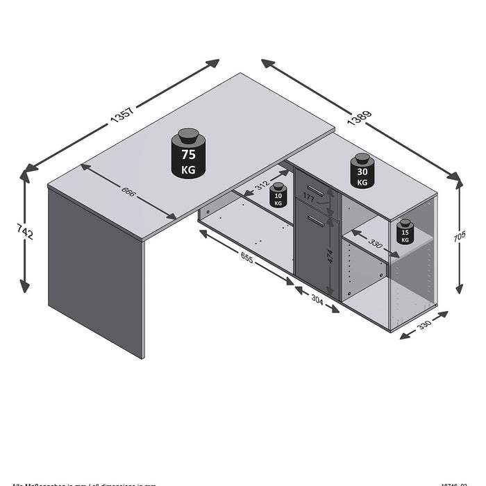 Calicosy - Hoekbureau LEX - B135,7 cm - Betongrijs
